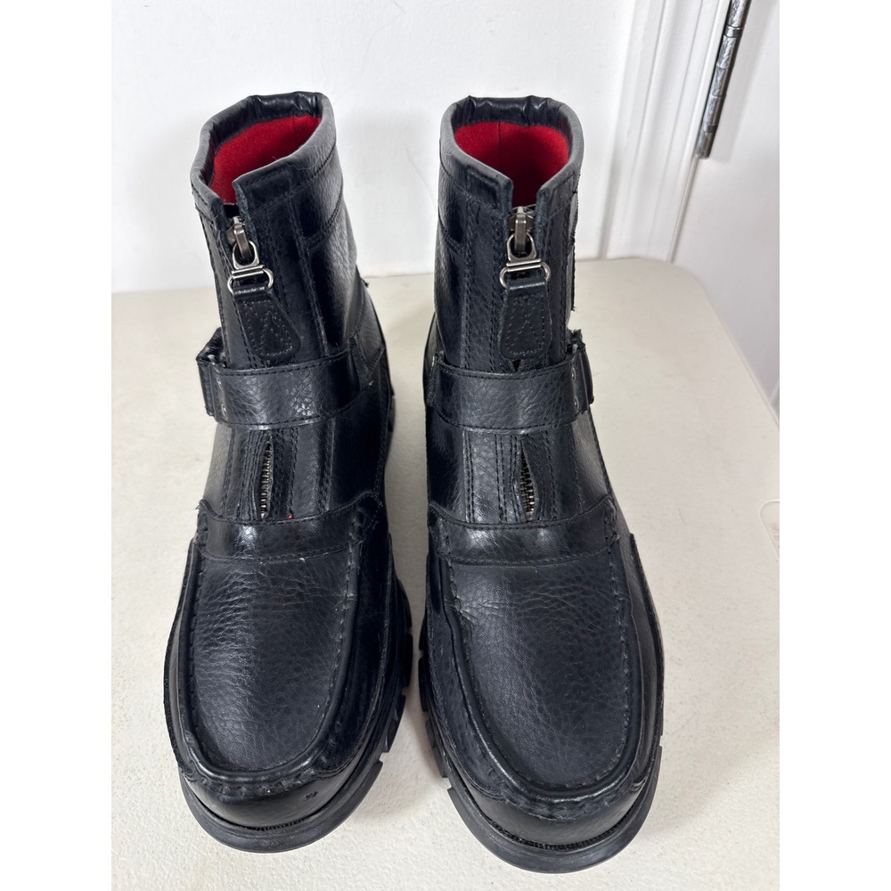 Polo Ralph Lauren Mens Black Leather Zip Front Buckle Strap Lug Sole Boot men 10 - Picture 2 of 16